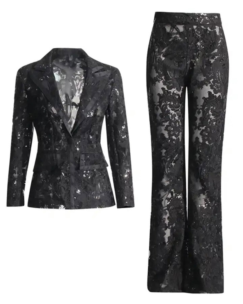 Women Sexy Fashion Black Lace Sequins Two Piece Blazer Pant Set