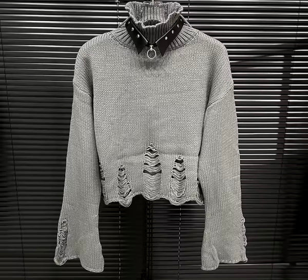 Women Fashion Ripped Turtleneck Full Sleeve Sweater Top