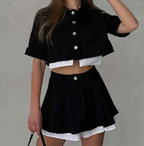 Women Sexy Button Up Short Sleeve Two Piece Pleated Skirt Set