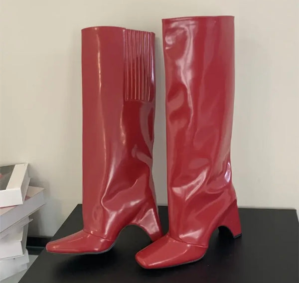 Women Fashion Square Toe Faux Leather Knee High Boots