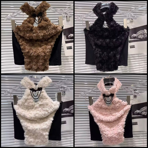 Women Halter Sleeveless Faux Fur Fashion Crop Top