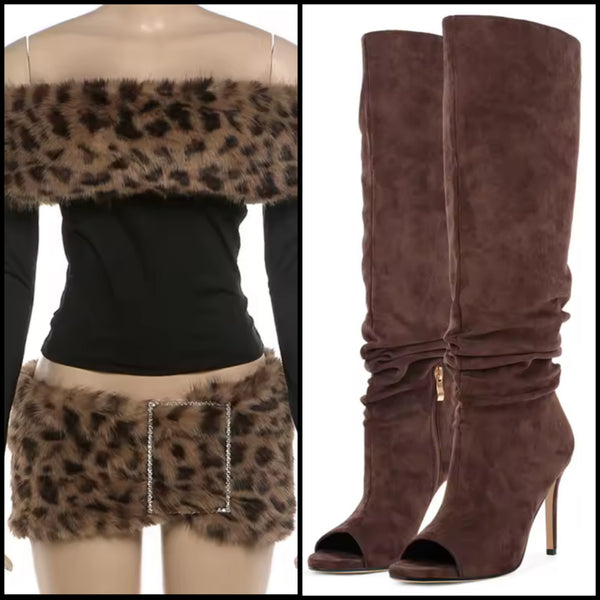 Women Leopard Faux Fur Full Sleeve Two Piece Buckle Skirt Set