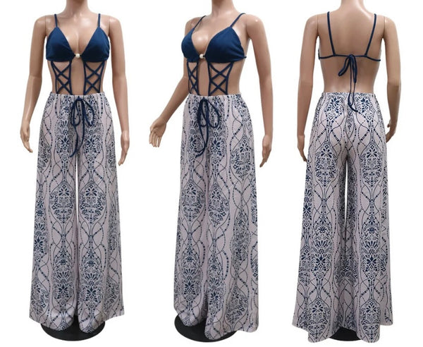 Women Sexy Sleeveless Lace Up Printed Wide Leg Jumpsuit