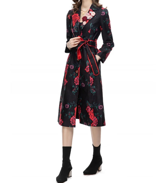 Women Fashion Floral Trench Jacket