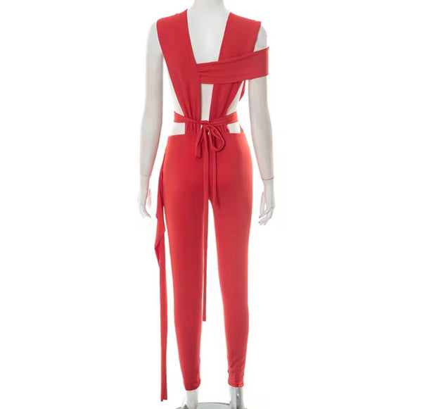 Women Sexy Sleeveless Ribbon Hollow Out Jumpsuit