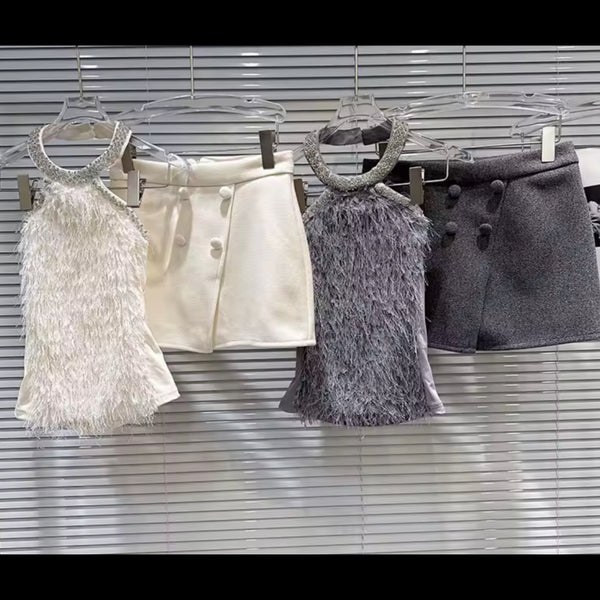 Women Furry Bling Halter Sexy Two Piece Button Wrap Skirt Set