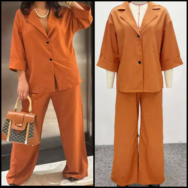 Women Orange Button Up Short Sleeve Two Piece Pant Set