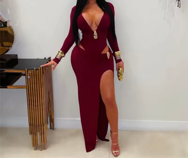 Women Sexy V-Neck Full Sleeve Metal Cut Out Maxi Dress