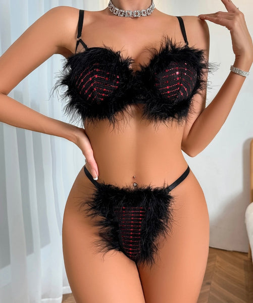 Women Sexy Color Patchwork Faux Fur Lingerie Set