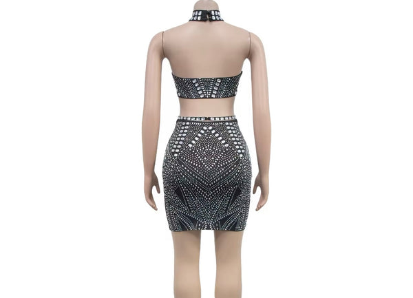 Women Sexy Choker Sleeveless Bling Mesh Two Piece Skirt Set