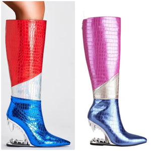 Women Fashion PU Multicolored Platform Wedge Knee High Boots