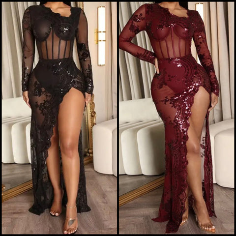 Women Sexy Sequins Print Mesh Full Sleeve High Split Maxi Dress