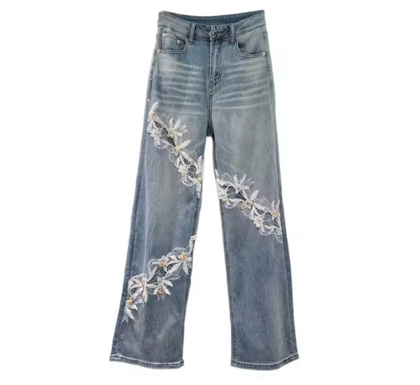 Women Fashion Floral Lace Patchwork Denim Pants