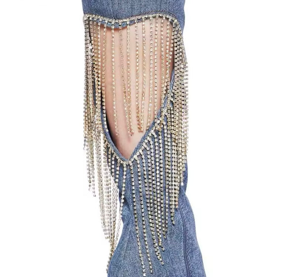 Women Denim Cut Out Heart Rhinestone Tassel Knee High Boots