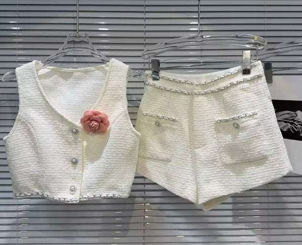 Women Button Up Flower Chain Sleeveless Tweed Two Piece Short Set