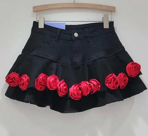 Women Fashion Black Red Floral Ruffled Denim Skirt