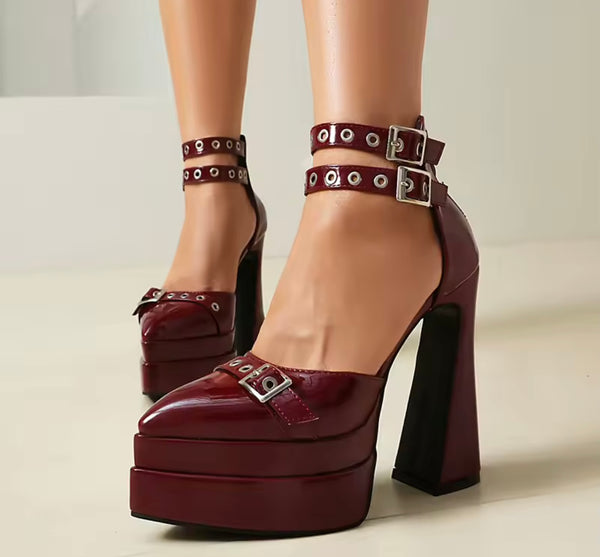 Women Pointed Toe Platform Patent Leather Ankle Strap High Heels