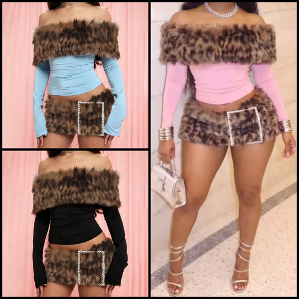 Women Leopard Faux Fur Full Sleeve Two Piece Buckle Skirt Set