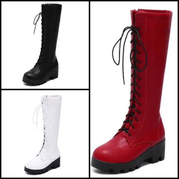 Women Fashion Faux Leather Lace Up Platform Knee High Boots