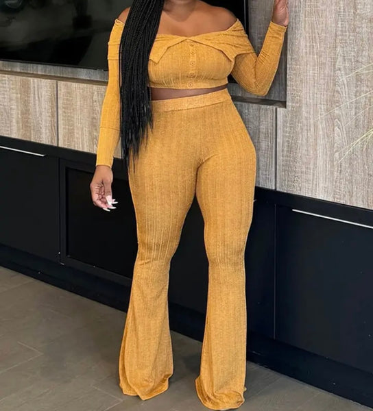 Women Ribbed Solid Color Off The Shoulder Full Sleeve Two Piece Pant Set