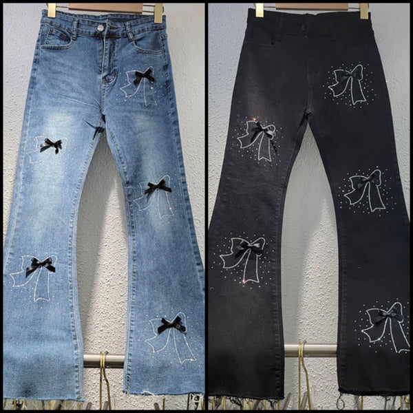 Women Fashion Bling Bow Wide Leg Denim Pants