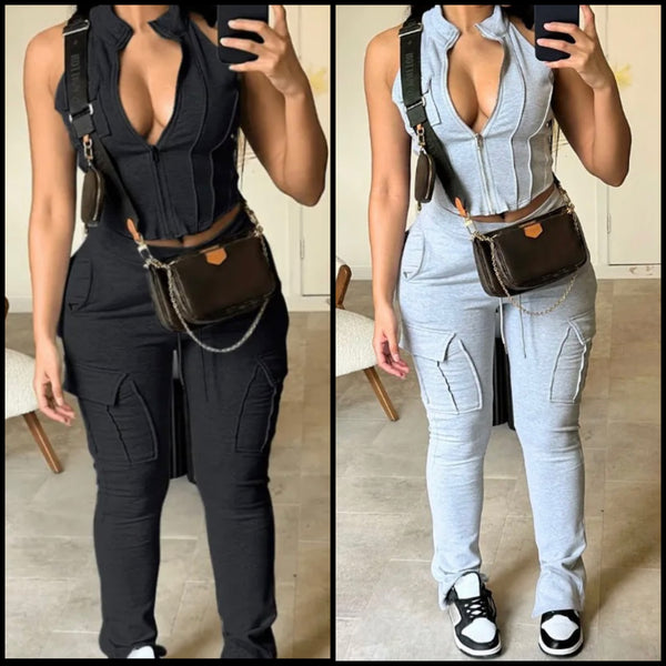 Women Fashion Sleeveless Zip Up Two Piece Cargo Pant Set