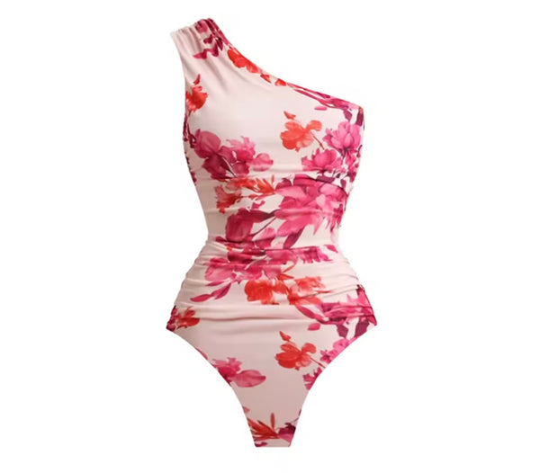 Women Sexy Pink Floral One Shoulder Swimsuit Cover Up Set