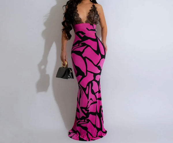 Women Sexy Sleeveless Lace Patchwork Printed Maxi Dress