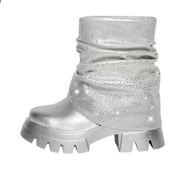 Women Silver Fashion Bling Ruched Ankle Boots