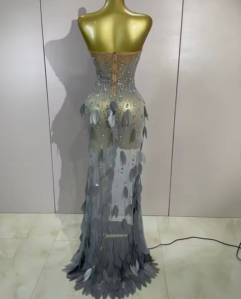 Women Silver Strapless Sequins Rhinestone Side Split Maxi Dress