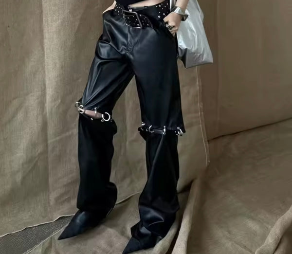 Women Fashion Black Metal Detachable Faux Leather Pants