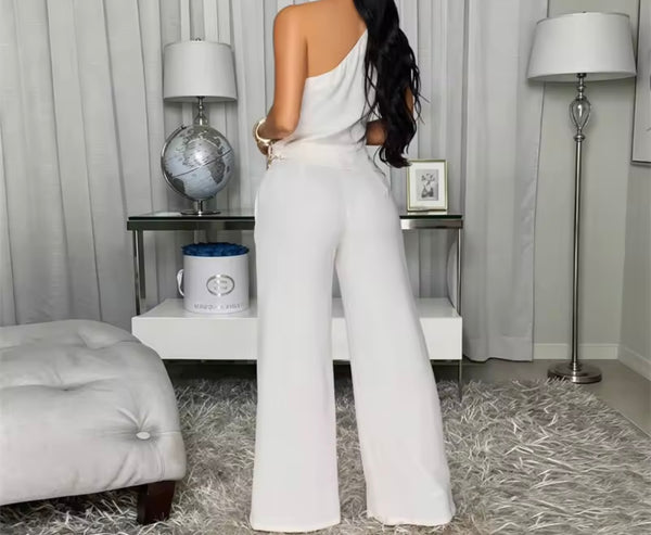 Women One Shoulder Metal Sleeveless Two Piece Pant Set