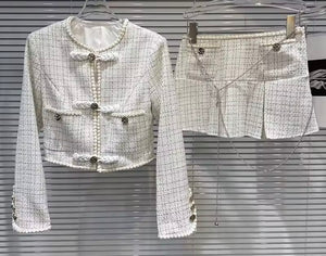 Women White Plaid Full Sleeve Blazer Two Piece Pleated Skirt Set