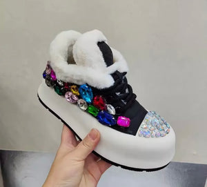 Women Fashion Platform Colorful Gem Faux Fur Patchwork Sneakers