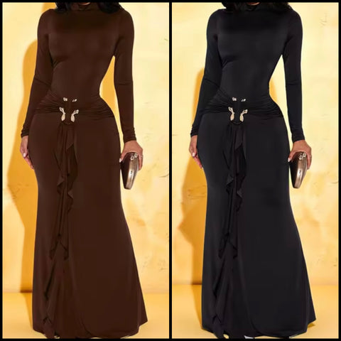 Women Sexy Metal Ruched Full Sleeve Maxi Dress