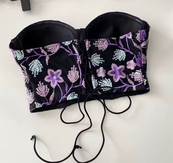 Women Sexy Black Floral Strapless Corset Top