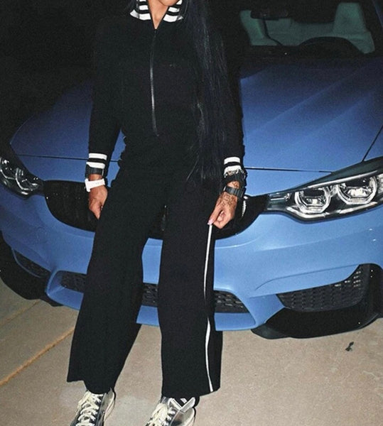 Women Black Striped Fashion Two Piece Tracksuit Pant Set