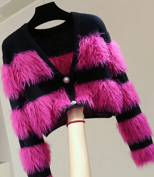 Women Fashion Button Up Color Patchwork Faux Fur Sweater Top