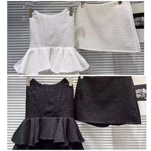 Women Sexy Strapless Tweed Ruffle Two Piece Skirt Set