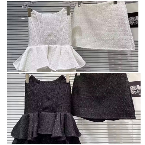 Women Sexy Strapless Tweed Ruffle Two Piece Skirt Set