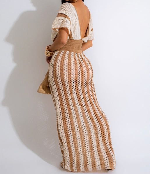 Women Sexy Color Patchwork Short Sleeve Knitted Two Piece Maxi Skirt Set