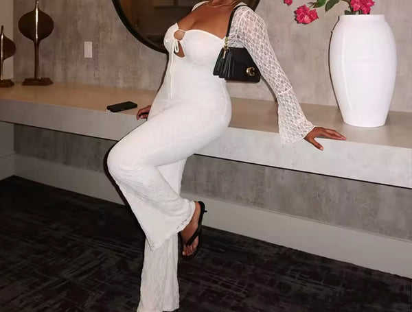Women Sexy Lace Tie Up Open Back Full Sleeve Jumpsuit
