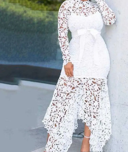 Women Sexy Color Lace Full Sleeve Bow Maxi Dress