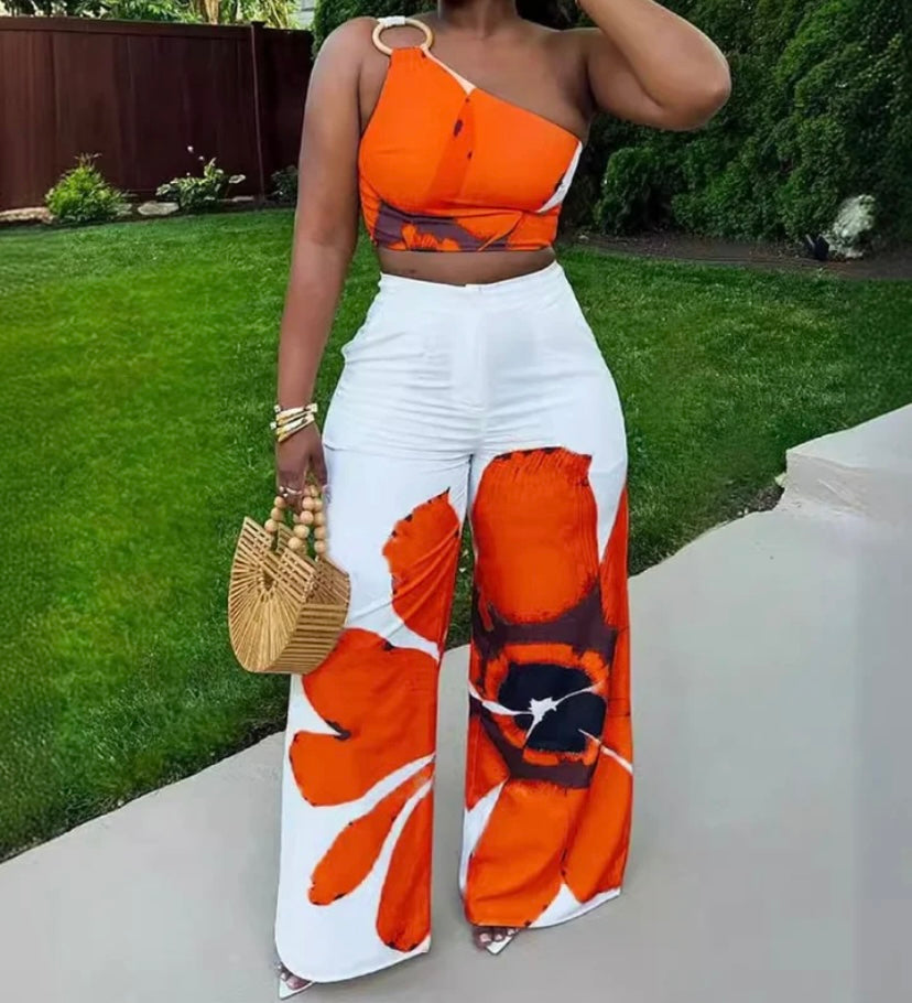 Women Sexy One Shoulder Sleeveless Crop Floral Two Piece Pant Set