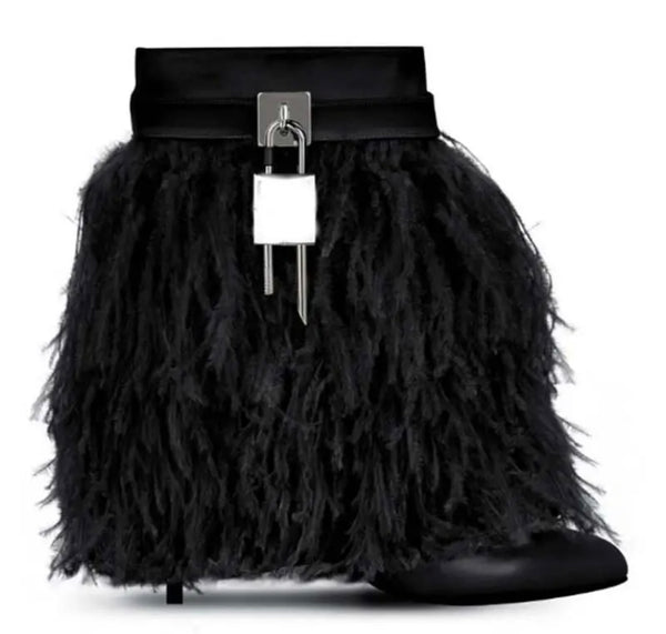 Women Fashion Faux Fur Buckled Lock High Heel Ankle Boots