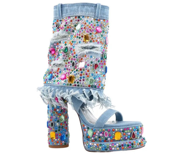 Women Fashion Open Toe Color Crystal Platform Denim Ankle Boots