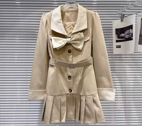 Women Khaki Bow Button Up Full Sleeve Blazer Dress