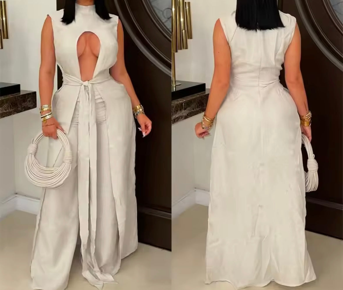Women Cut Out Sleeveless Sexy Asymmetrical Two Piece Pant Set