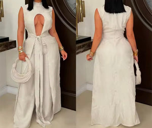 Women Cut Out Sleeveless Sexy Asymmetrical Two Piece Pant Set
