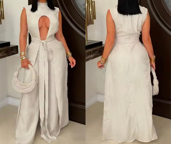Women Cut Out Sleeveless Sexy Asymmetrical Two Piece Pant Set